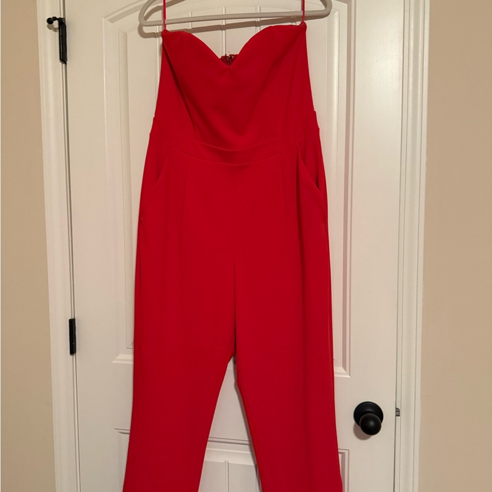 Express Vibrant Red Strapless Jumpsuit